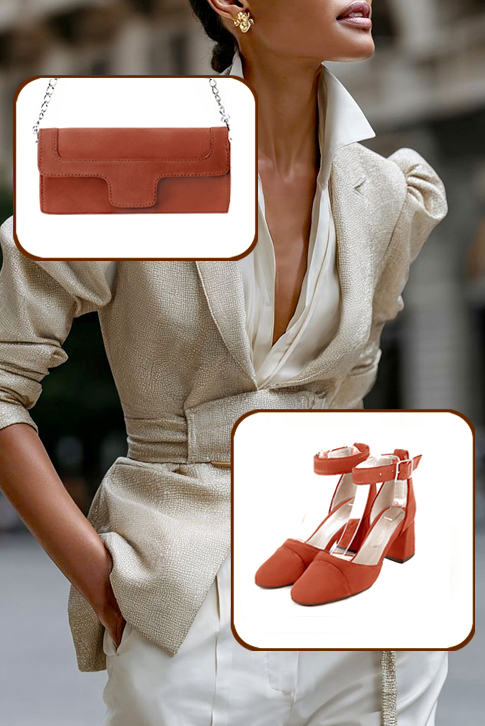 Dress heels closed-back ankle strap in terracotta orange leather with medium flare heels and round toe - Worn view